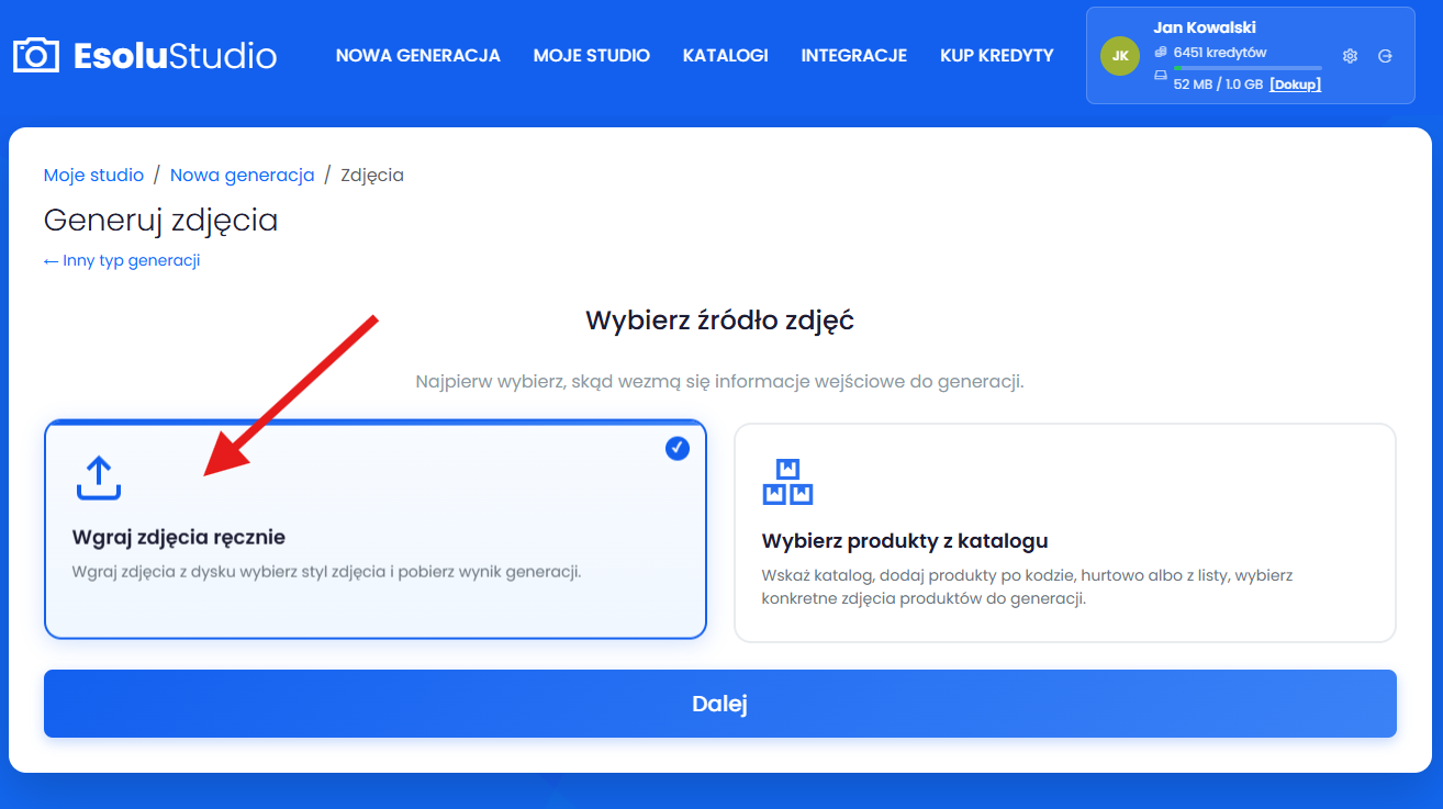 Wybierz źródło zdjęć do generacji