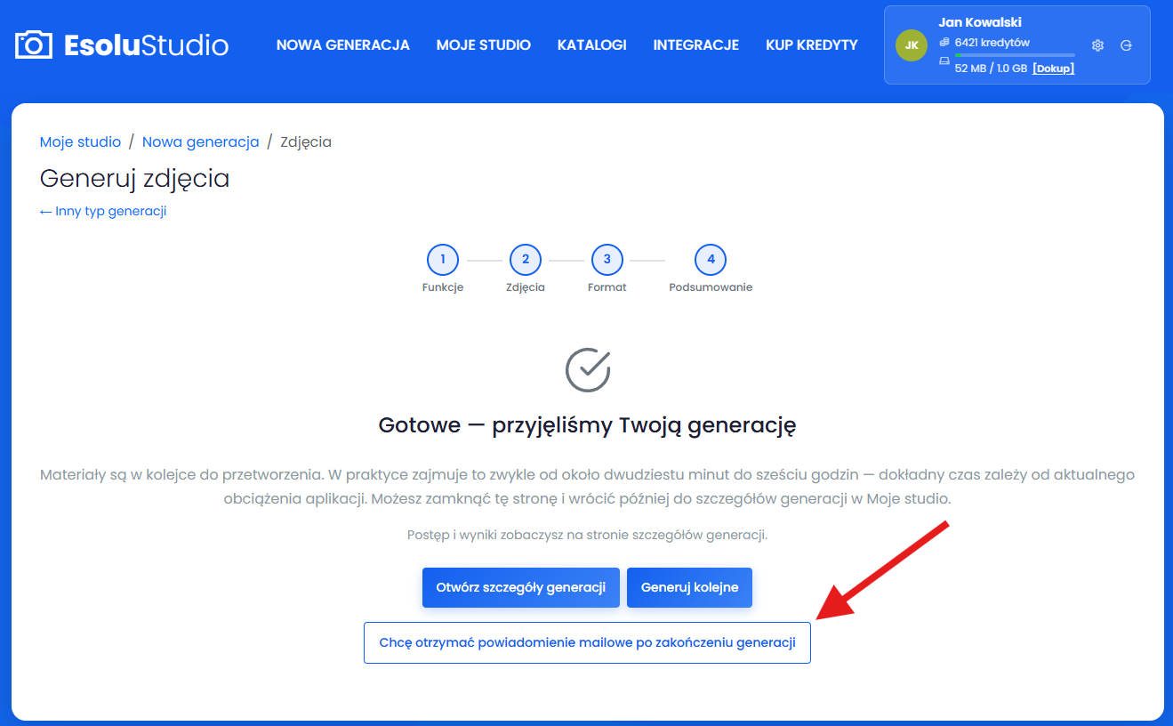Ekran potwierdzający rozpoczęcie generacji
