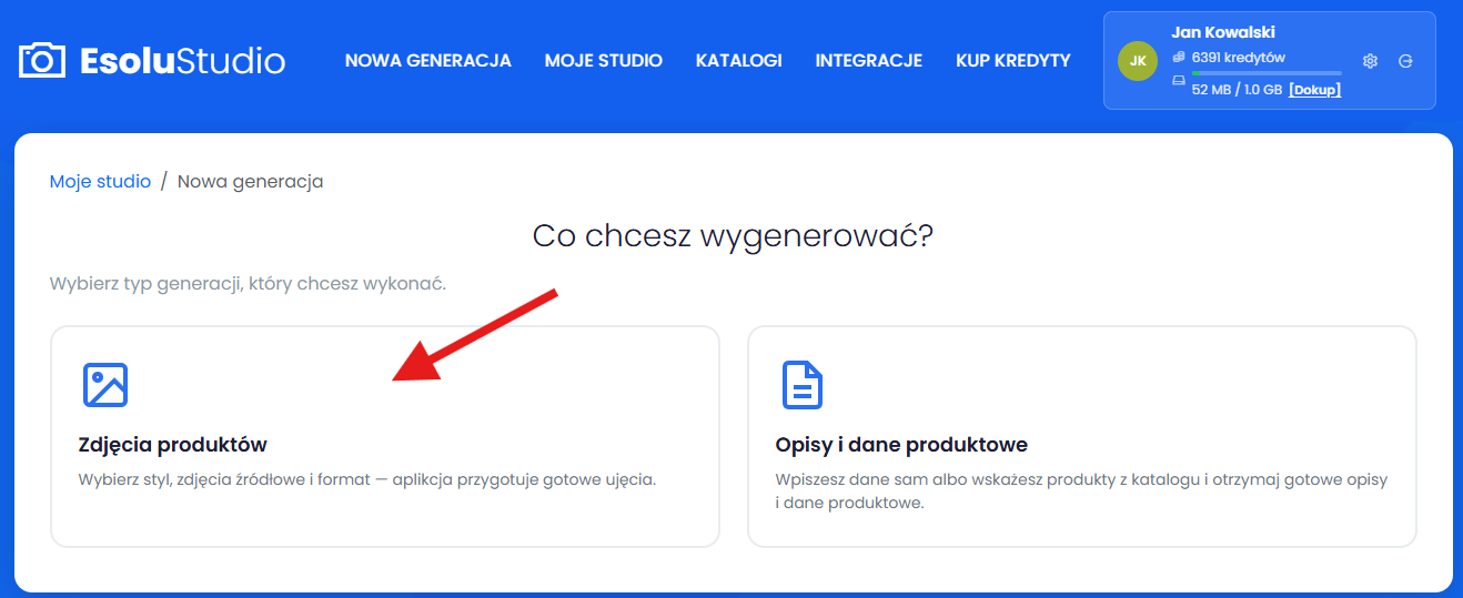 Wybierz "Generacja zdjęć produktowych"