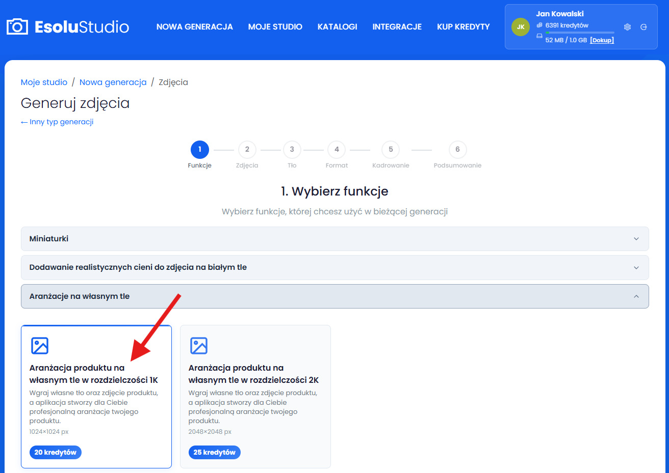 Wybierz funkcje "Aranżacja produktu na własnym tle "