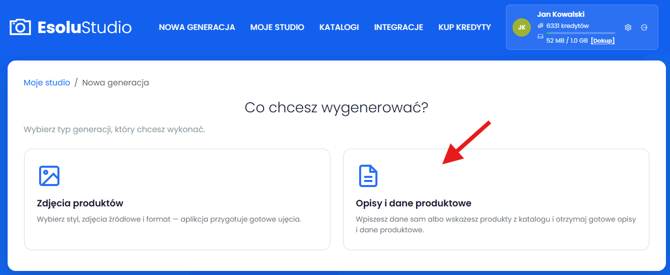Wybierz "Opisy i dane produktowe"