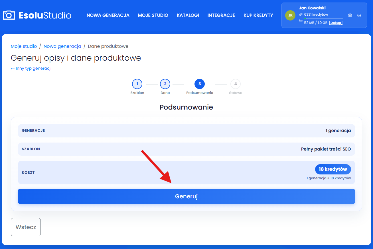 Zapoznaj się z podsumowaniem i rozpocznij generacje. 