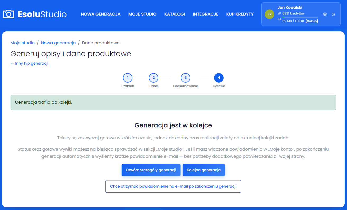 Ekran potwierdzający rozpoczęcie generacji