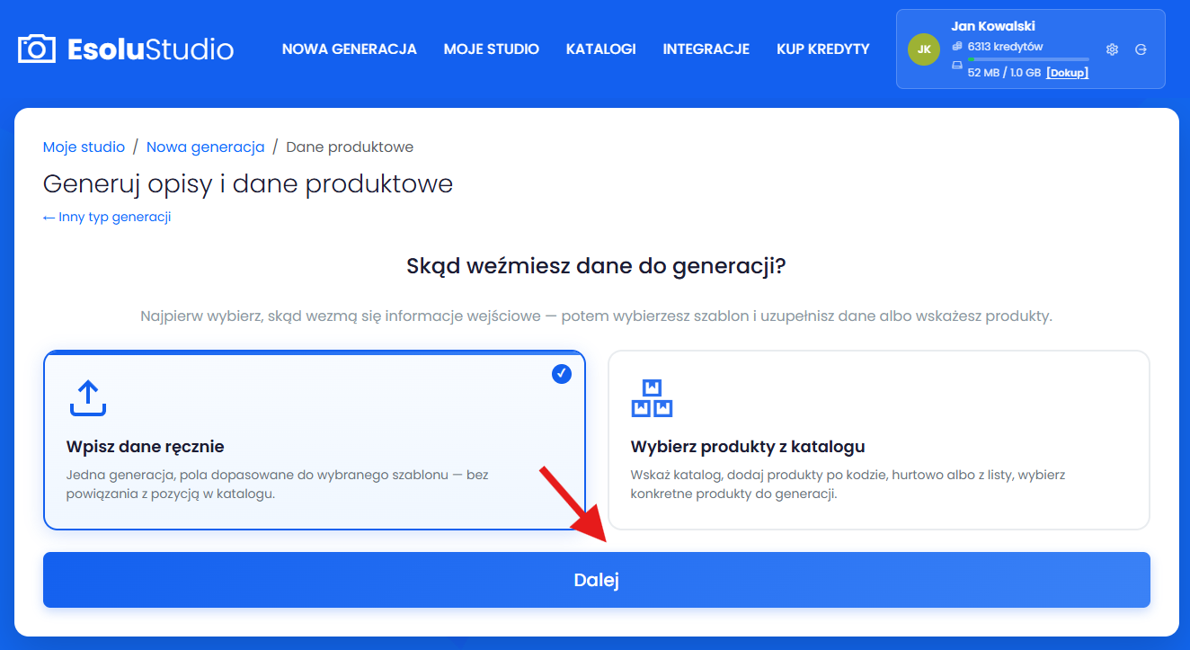 Wybierz źródło danych do generacji
