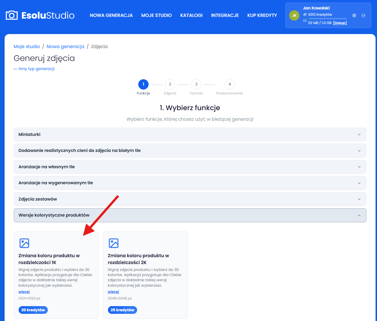 Wybierz funkcje "Zmiana koloru produktu"