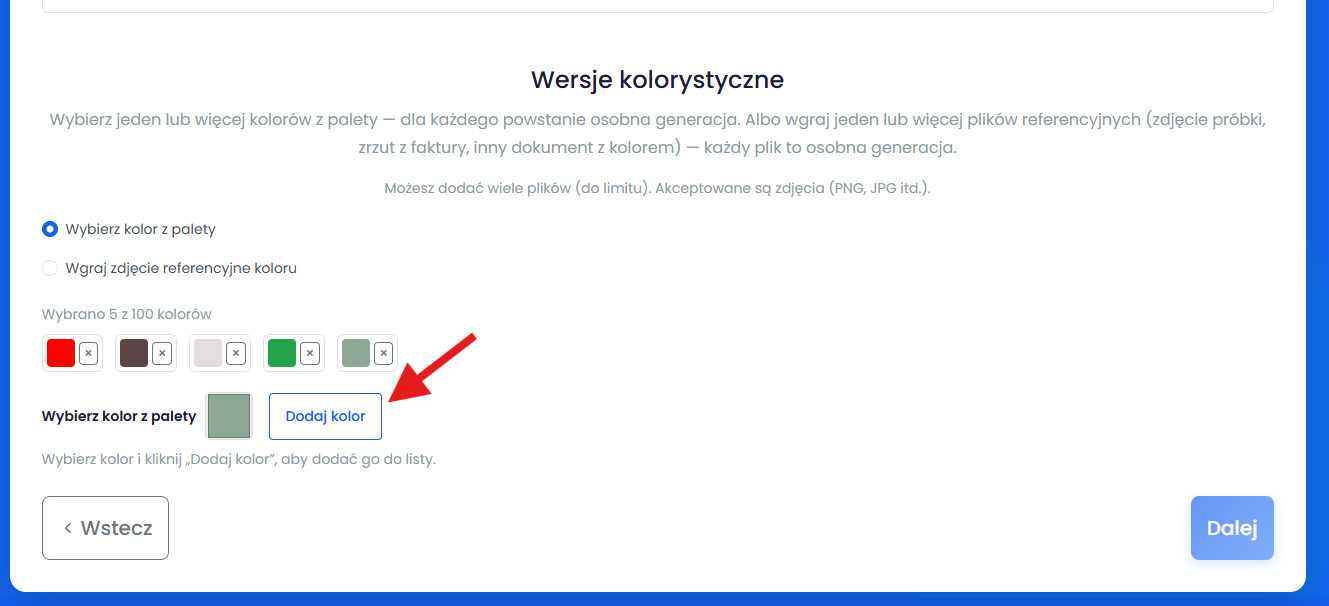 Wybierz kolory lub wgraj zdjęcie referencyjne koloru