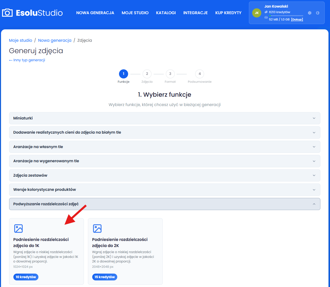 Wybierz funkcje "Podniesienie rozdzielczości zdjęcia"