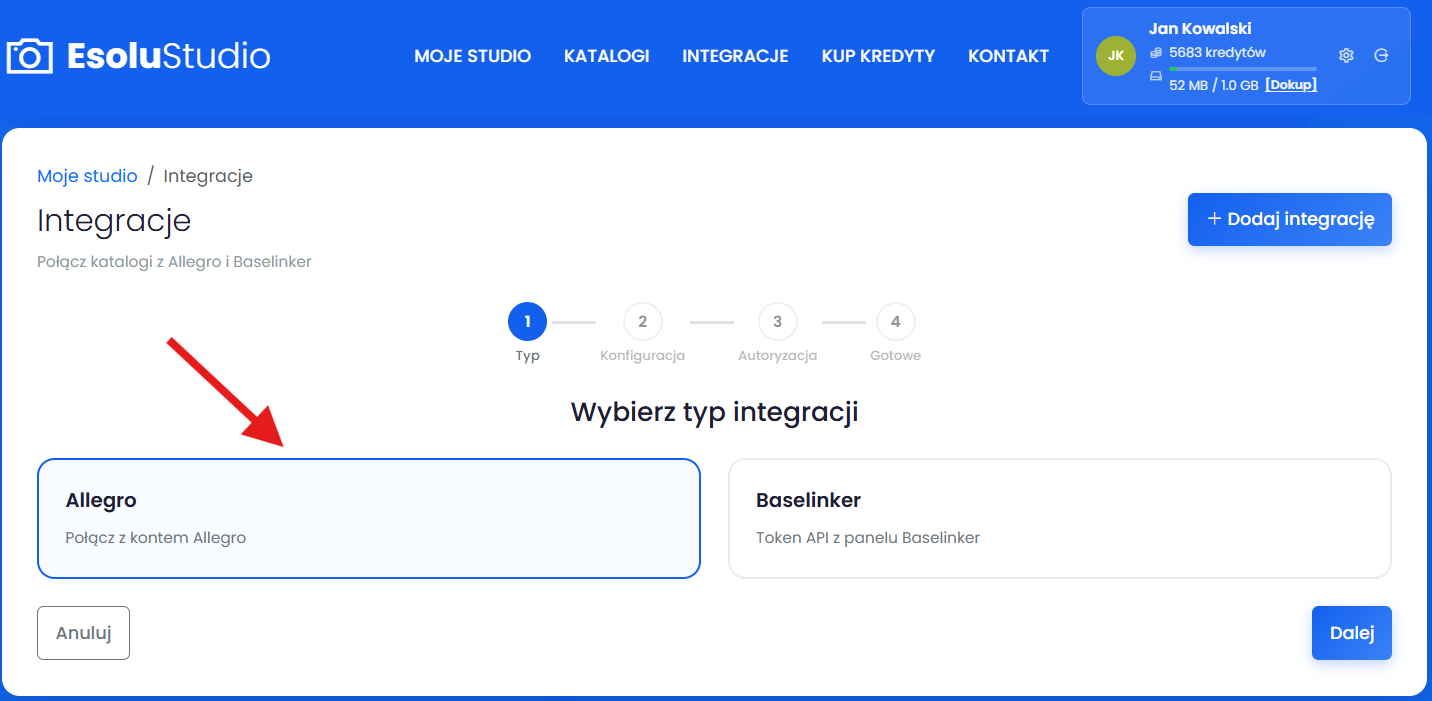 Krok 7: Wybierz z dostępnych integracji "Allegro"