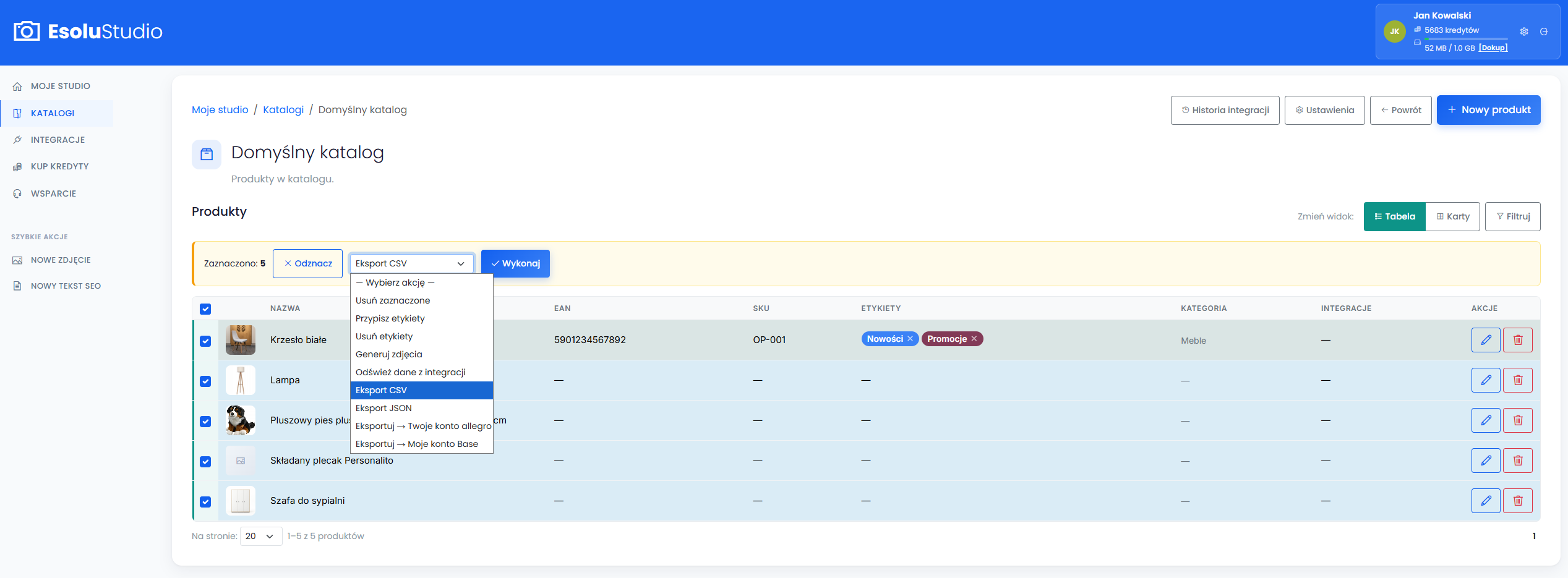Rozpocznij eksport do pliku CSV lub JSON